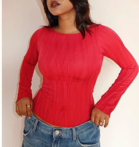 Red Textured Long Sleeve Top