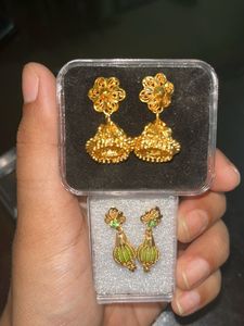Elegant Gold Jhumka &amp; Green Stone Earrings