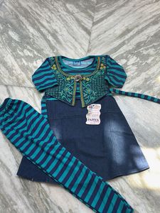 Girls Teal Blue Striped Kurta with Denim Skirt