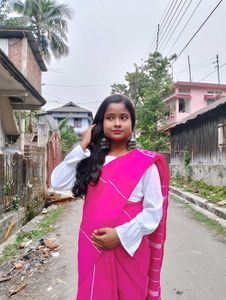 Vibrant Pink Striped pure cotton khadi Saree