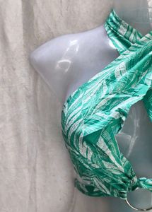 Green Leaf Print Halter Bikini Top