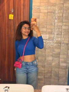 Blue Cropped Long Sleeve Top