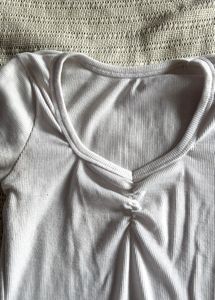 White Ribbed Ruched V-Neck Top