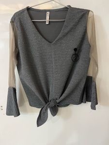 Chic Grey V-Neck Top with Sheer Sleeves