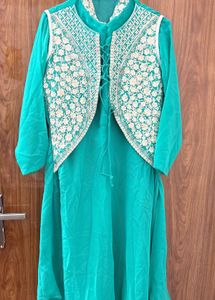 Teal Kurta Set with White Embroidery