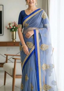 Royal Blue & Gold Embellished Fabric with blouse