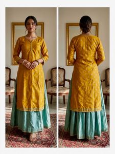 Elegant Yellow Kurta with Teal Skirt Set