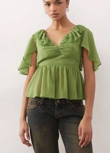 Green Ruffle V-Neck Top