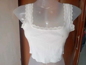 White Lace Trim Cropped Tank Top