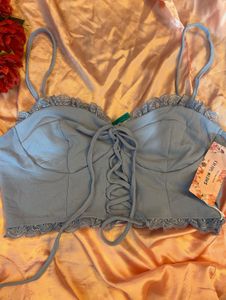 Cute Blue Lace Trim Crop Top
