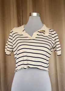 Striped Polo Neck Cropped Top