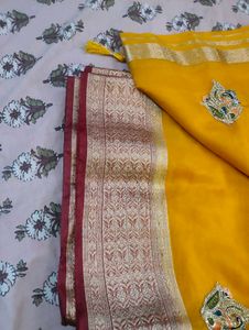 Elegant Yellow Silk Saree with Maroon Border