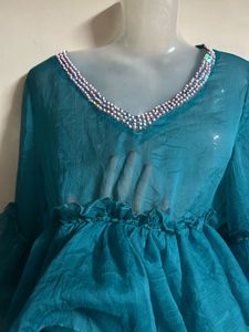 Stunning Teal Ruffled Top with Embellished Necklin