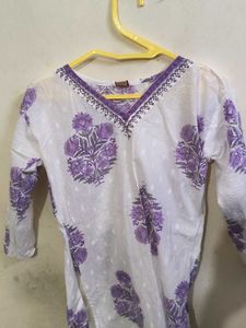White Kurta with Purple Floral Print