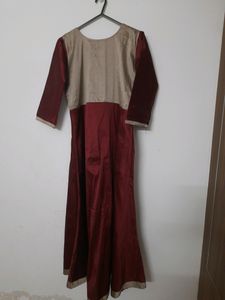 Tafetta Silk Long Kurti Gown Maroon Gold Wedding