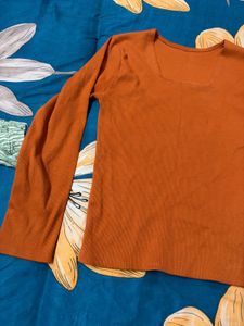 Orange Square Neck Long Sleeve Sweater Top