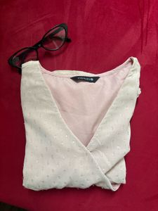 Chic Pink Polka Dot Wrap Blouse