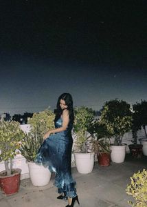 Vintage Retro Teal Ruffled Satin Slip Dress