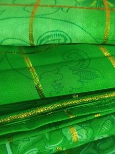 Elegant Green Printed Saree with Golden Check Desi