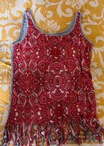 Patterned Tank Top with Fringe