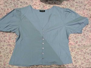 Light Blue Puff Sleeve V-Neck Top