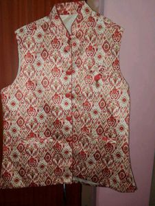 Elegant Red & Cream Ethnic Nehru Jacket with Ikat-