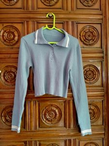 Blue Cropped Polo Knit Top