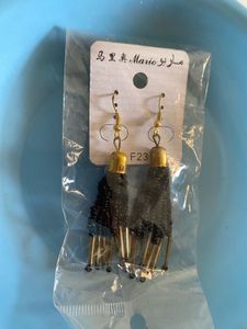 New Black Beaded Tassel Earrings with Golden Caps
