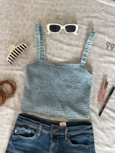 Cute Blue Smocked Tank Top &amp; Denim Shorts Outfit
