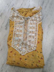 Yellow Floral Kurta with Embellished Neckline
