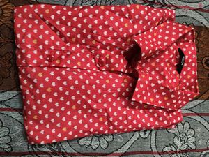 Red Heart Print Button-Up Blouse