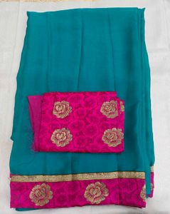 Teal Saree with Pink Border