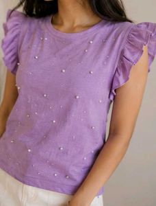 Purple Pearl Embellished Flutter Sleeve Top