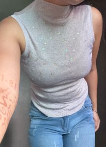 Sparkly Mock Neck Sleeveless Top