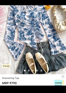 Blue & White Floral Drawstring Top [S size]