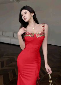 Red Embroidered Midi length dress