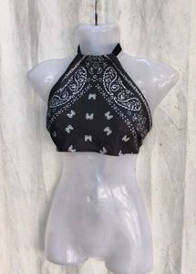 5249. Black Bandana Halter Neck Crop Top
