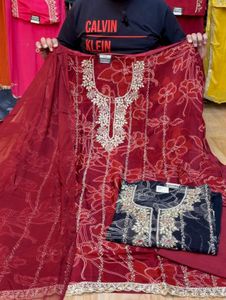 Embroidered Red Floral Kurta Set