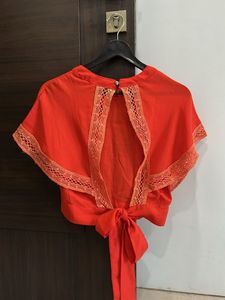 Vibrant Orange Crop Top with Lace Trim