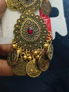 Oxidised Gold Jhumka Earrings with Red Stone