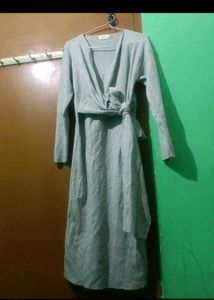 Classy Grey Waist-Tie Midi Dress for Women