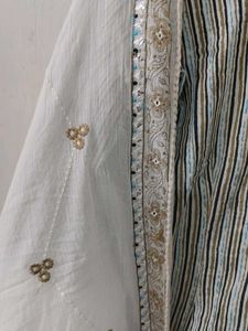 Striped Kurta Set with Embellished Neckline