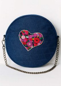 Handmade Upcycled Denim Round Sling Bag with Flora