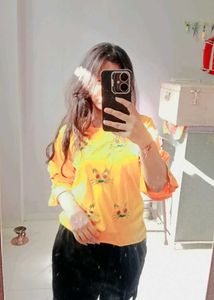 Cute Cat Embellished Yellow Top