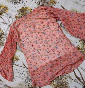 Chic Floral Pleated Bell Sleeve Top