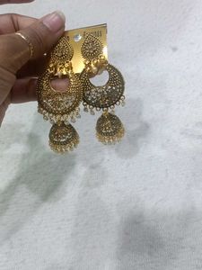 Antique Gold Jhumka Earrings with Pearls
