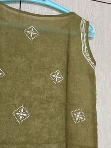 Embroidered Olive Green Sleeveless Kurta