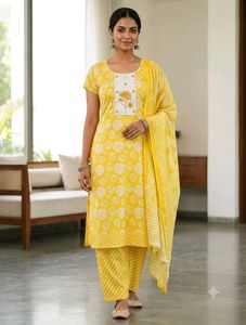 New Yellow Printed Kurta Set with Dupatta