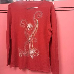 Red Long Sleeve Top with Floral Design