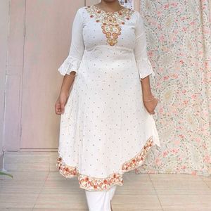 Cream White linen embroidered flared kurta